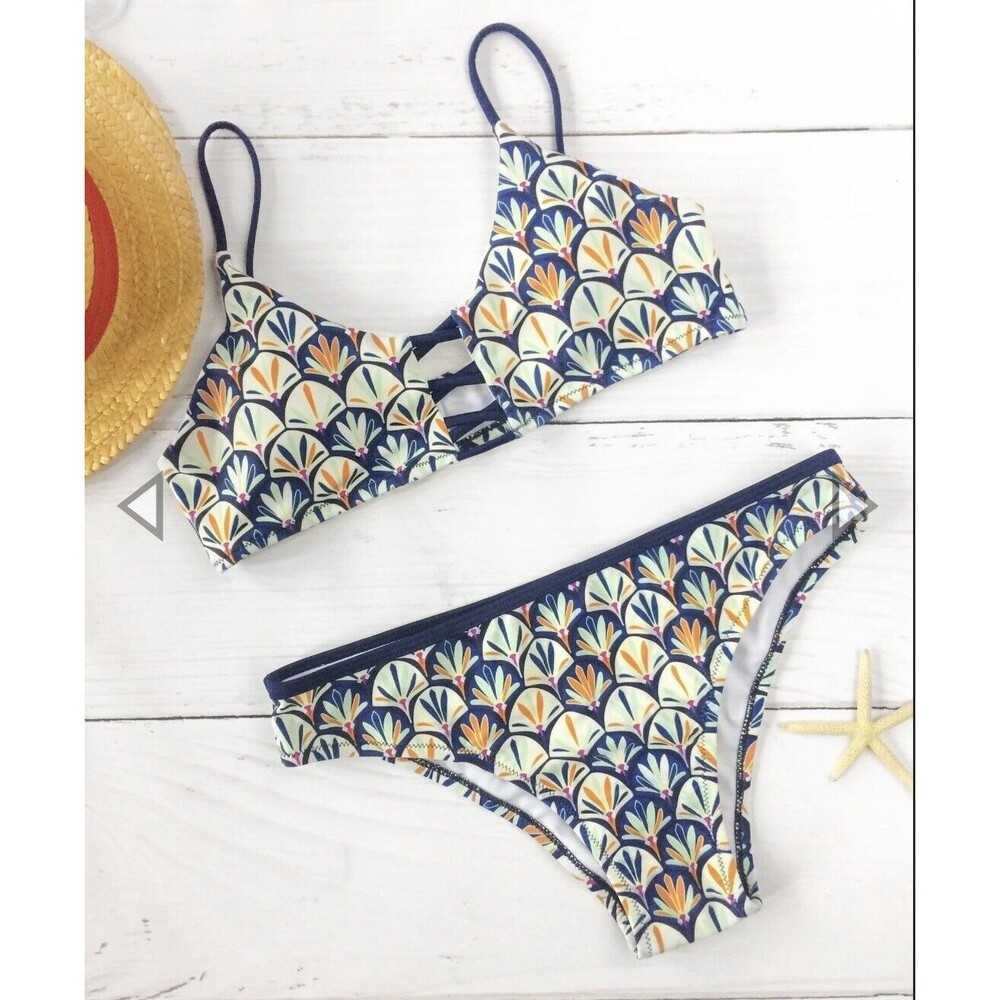 Mermaid Print Women’s 2 Piece Bikini Swimsuit Open Back Adjustable Straps Sz L